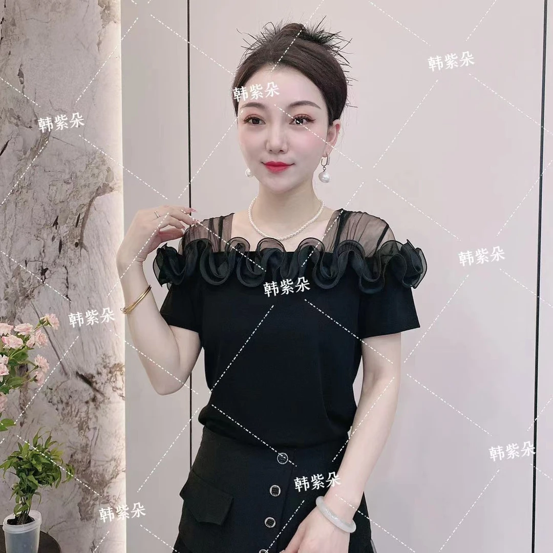 【韩紫朵 】2025新品法式双肩网纱洋气t恤显瘦短袖89955