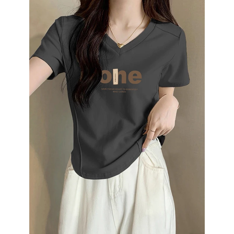 设计感V领夏季新款纯棉短袖t恤女短款修身显瘦小个子纯欲风上衣潮