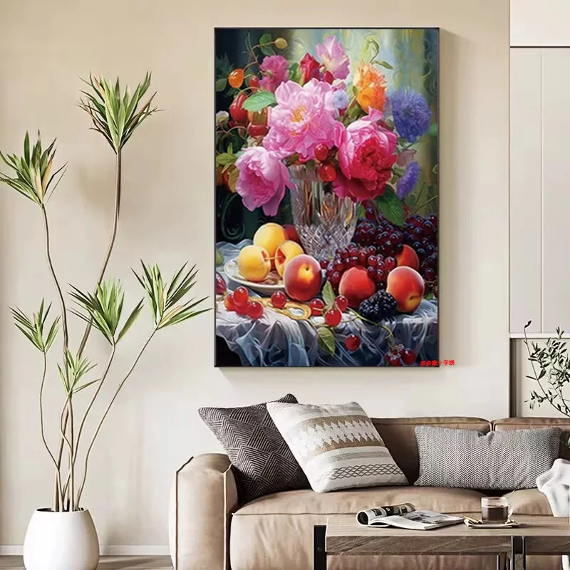 纯手工绣好的十字绣成品插花装饰画