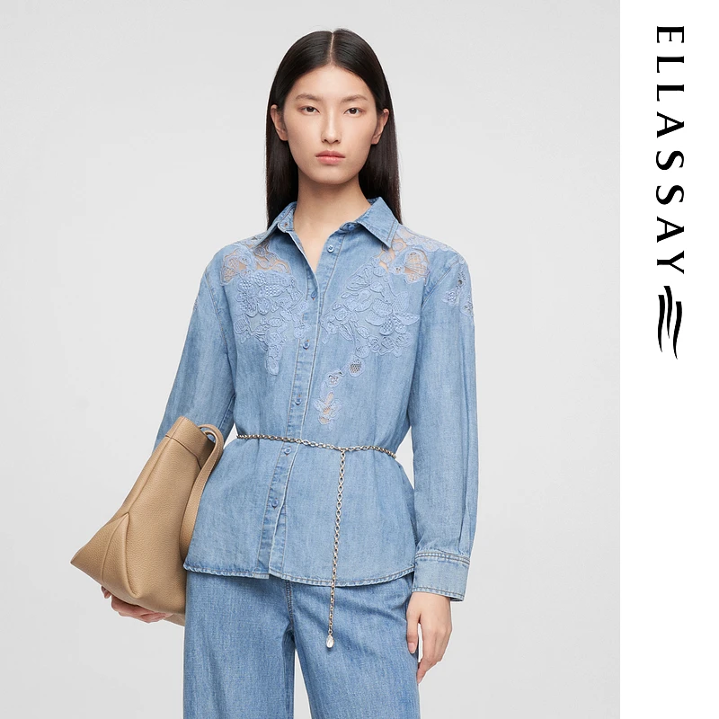 ELLASSAY歌力思2025春新款流光风轻机能蕾丝牛仔衬衫EWE361N01800