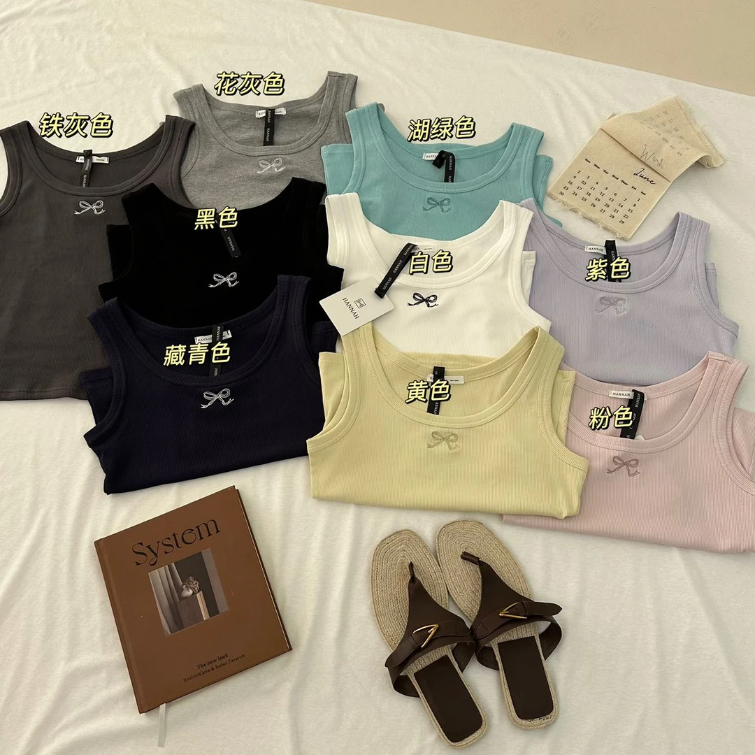 A102【천억수출입】韩系~东大门夏季新款刺绣蝴蝶结修身吊带背心女上衣