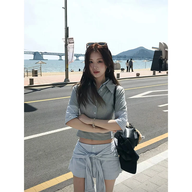 2025年夏季新款chic网红少女感假两件polo领t恤女配高腰绑带短裙