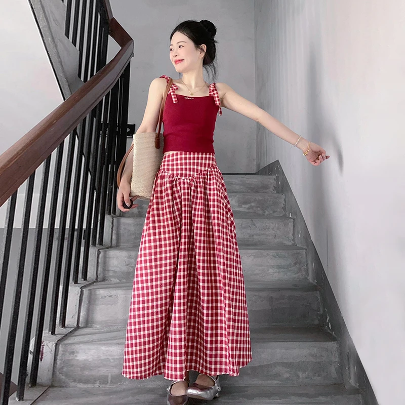 【现货+运补】红色格子吊带2025新款多巴胺穿搭甜辣套装长裙1624