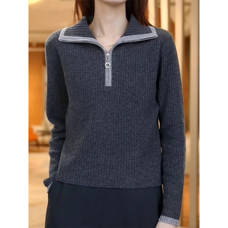 大翻领灰色甜美坑条针织衫女2024秋冬新款慵懒风显白时尚长袖上衣