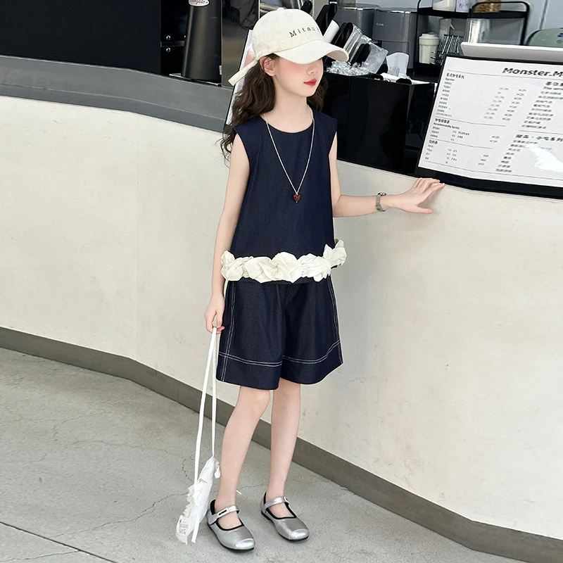 女童夏季少女风韩版阔腿裤时尚无袖套装2025新款中大童洋气复古