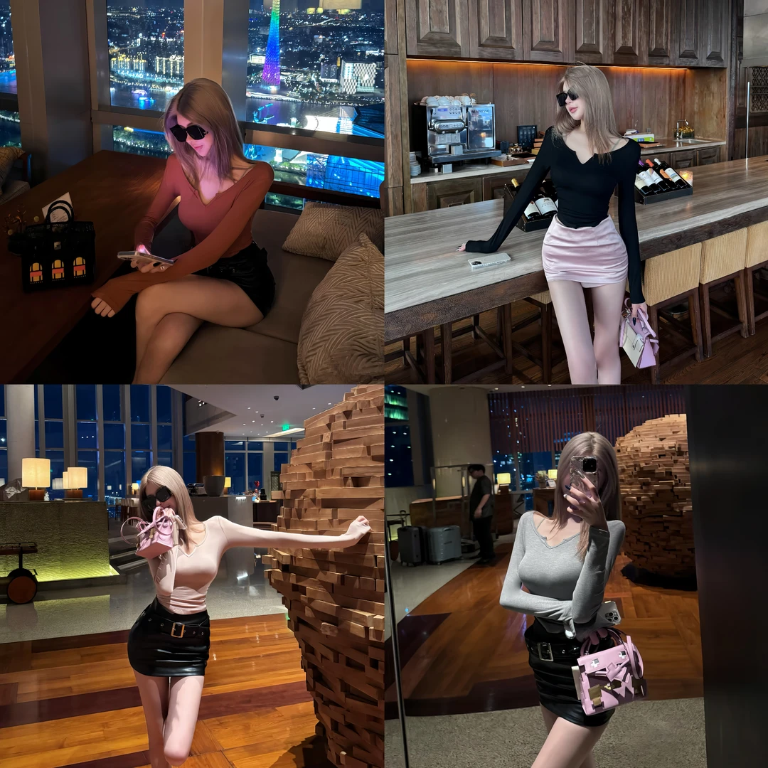 短款性感风长袖女服装性感常规小V领修身T恤