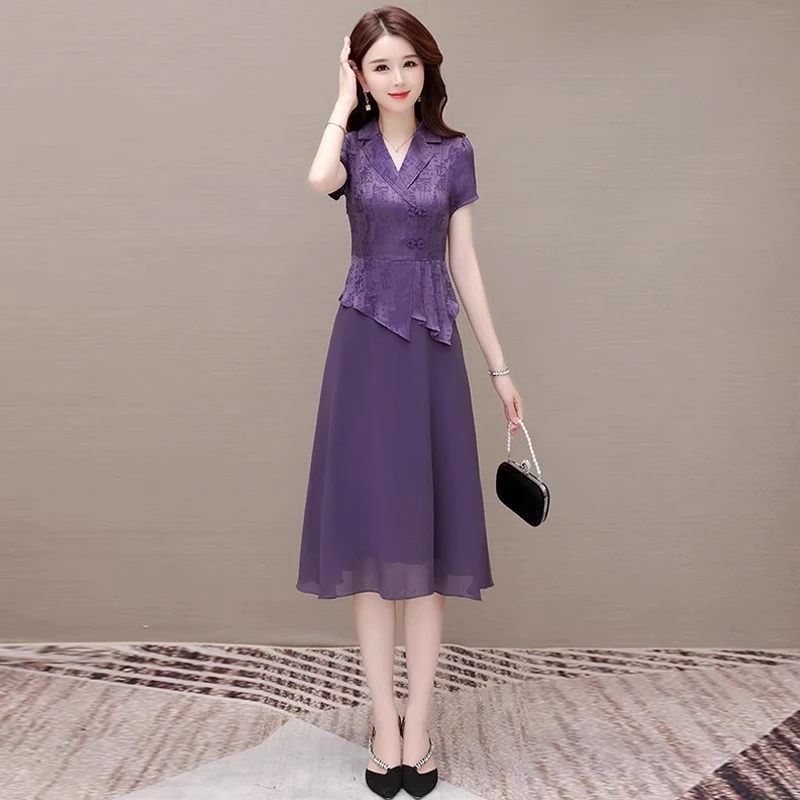 喜妈妈轻紫色假两件纱料连衣裙子女夏2025新款流行爆款高级感13行