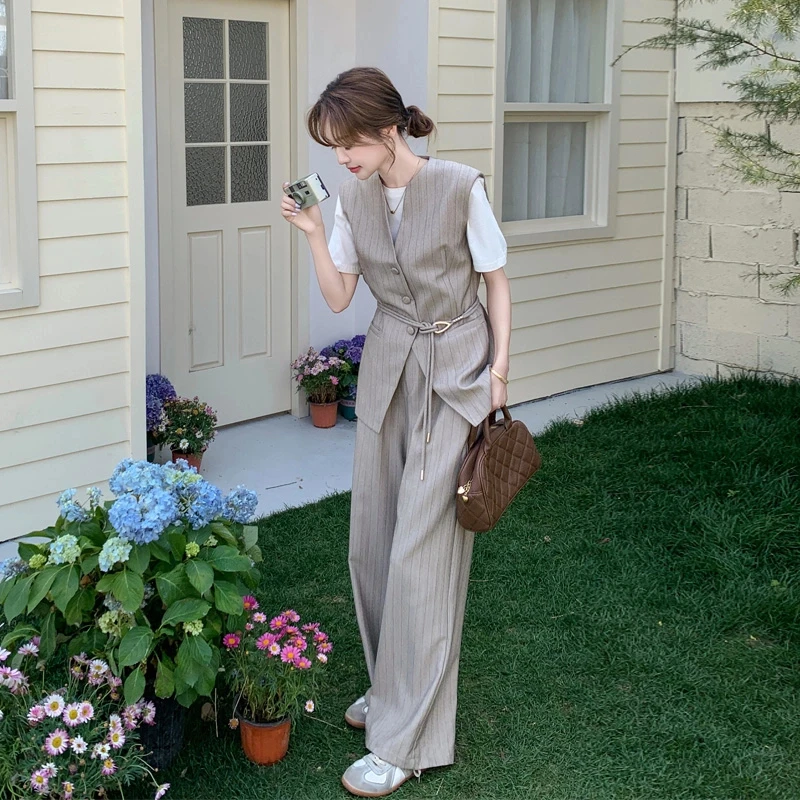条纹马甲T恤阔腿裤套装女2025夏季新款韩系松弛感极简风两件套潮