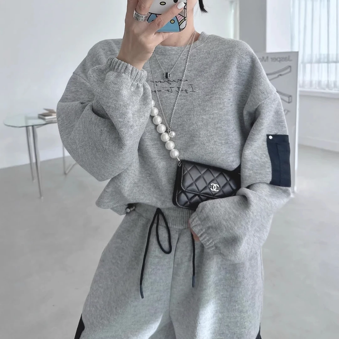 韩式chic复古百搭宽松字母长袖卫衣+高腰工装束腿裤长裤套装女装