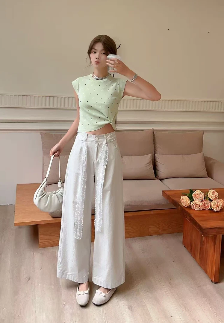 【1163】嘉#高腰直筒宽松牛仔裤【配蕾丝】