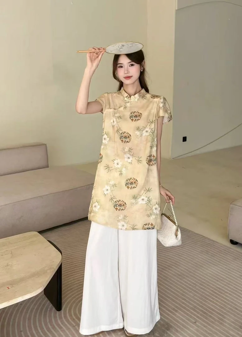 欣佳人新中式国风套装女2025年夏季上衣+阔腿裤两件套03A