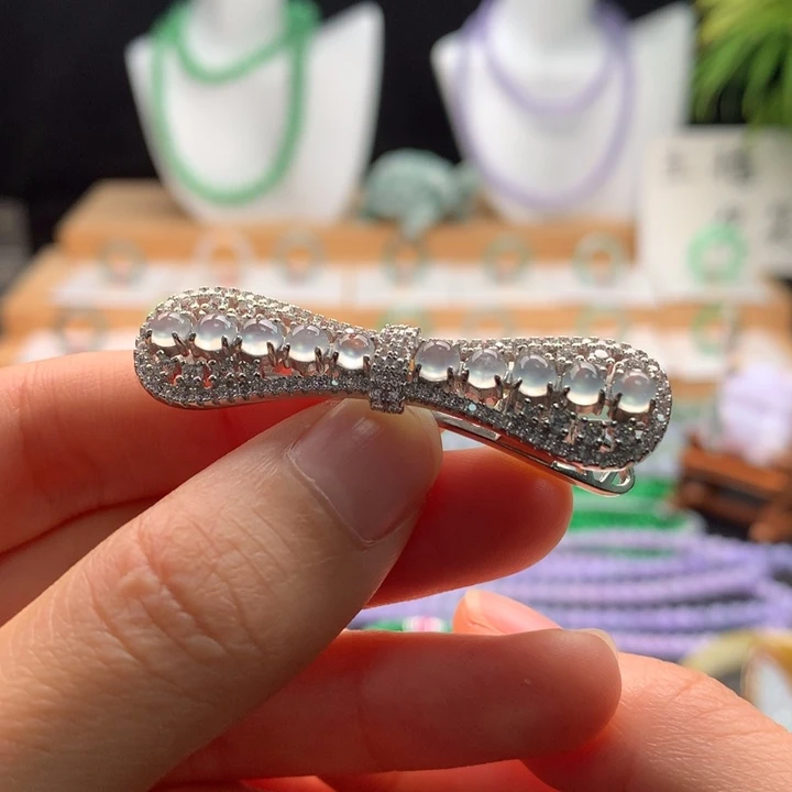 翡翠银S925镶嵌颈饰天然缅甸A货翡翠发卡