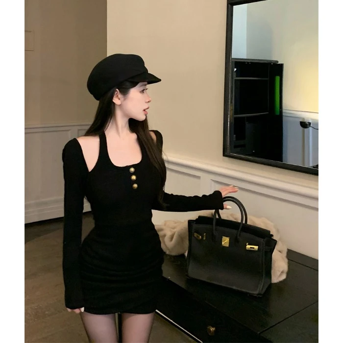 气质挂脖内搭假两件连衣裙秋冬款女抽绳不规则收腰气质包臀短裙子