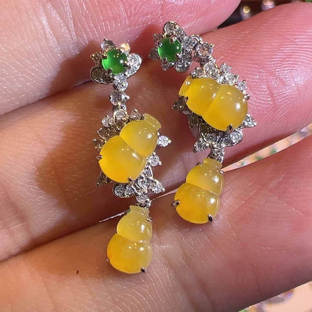 翡翠耳饰18K金镶嵌柠檬黄葫芦