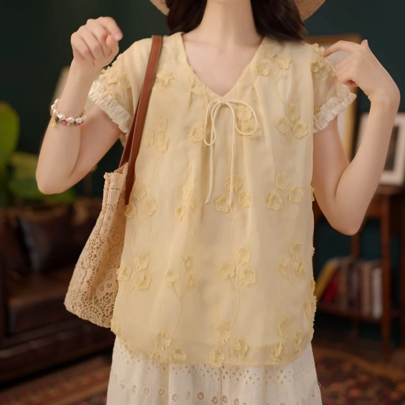 【澜月桂】2025夏季新款甜美休闲百搭小众短袖女夏季上衣LK2505110