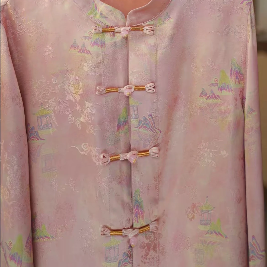 （粉黛山水庭台）新中式国风秋季提花立领宽松真丝上衣外套