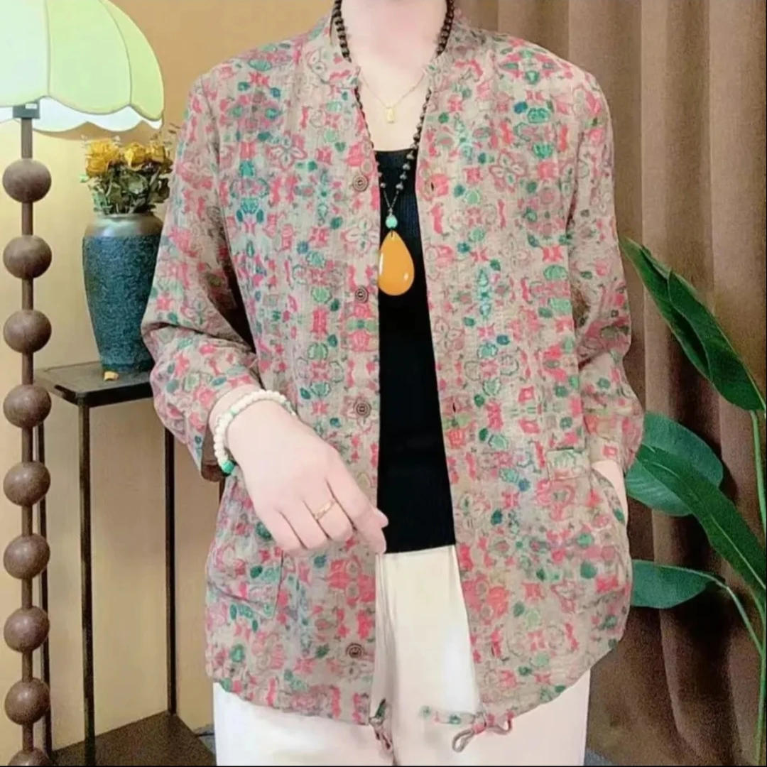 夏季时尚显瘦九分袖休闲中老年妈妈装复古印花开衫上衣气质碎花