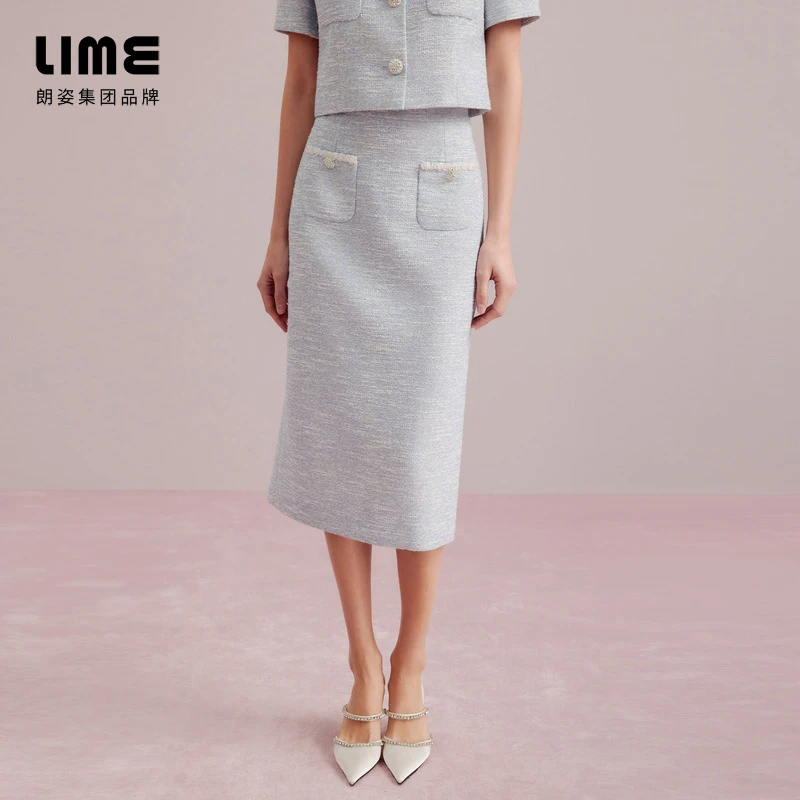 莱茵福莱尔绞综花纱气质高腰梭织半裙浅雾霾蓝色LDGC6AWSK309