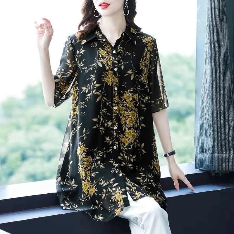 9295夏季新款妈妈百搭碎花雪纺休闲遮肚中长款上衣