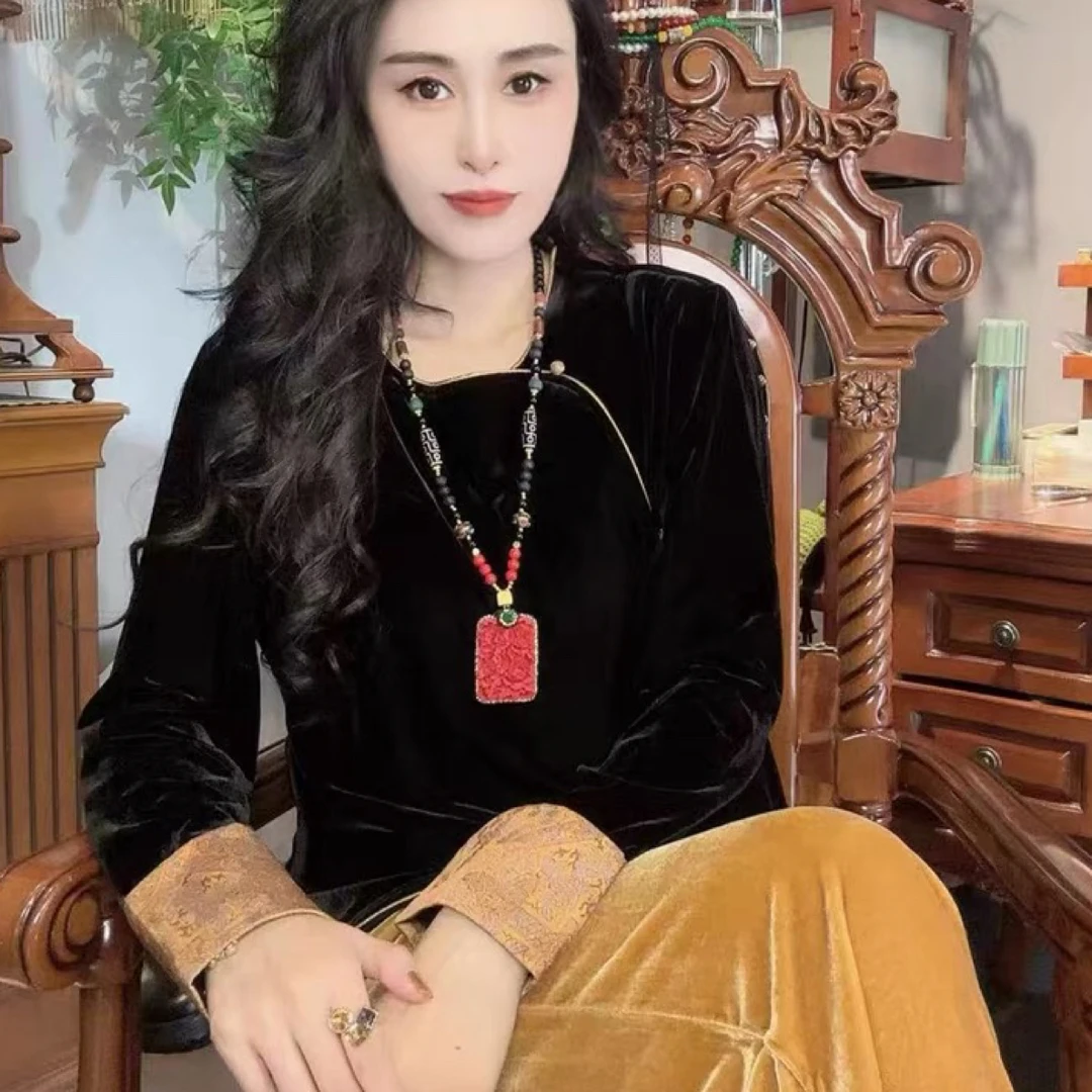 新中式国风丝绒上衣女秋季新款高端气质复古唐装小衫打底衫
