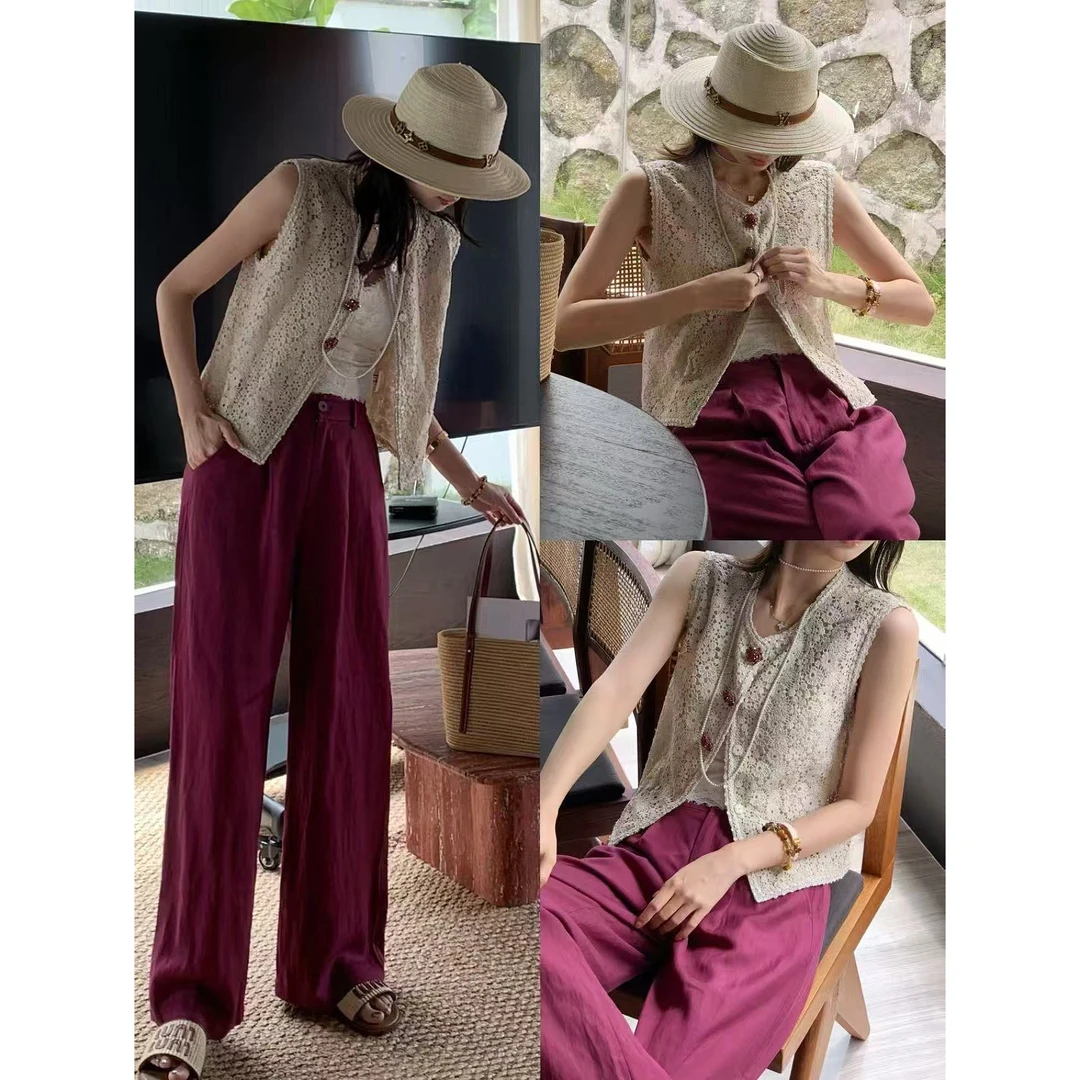 ［文静家］镂空钩花针织马甲阔腿裤两件套女