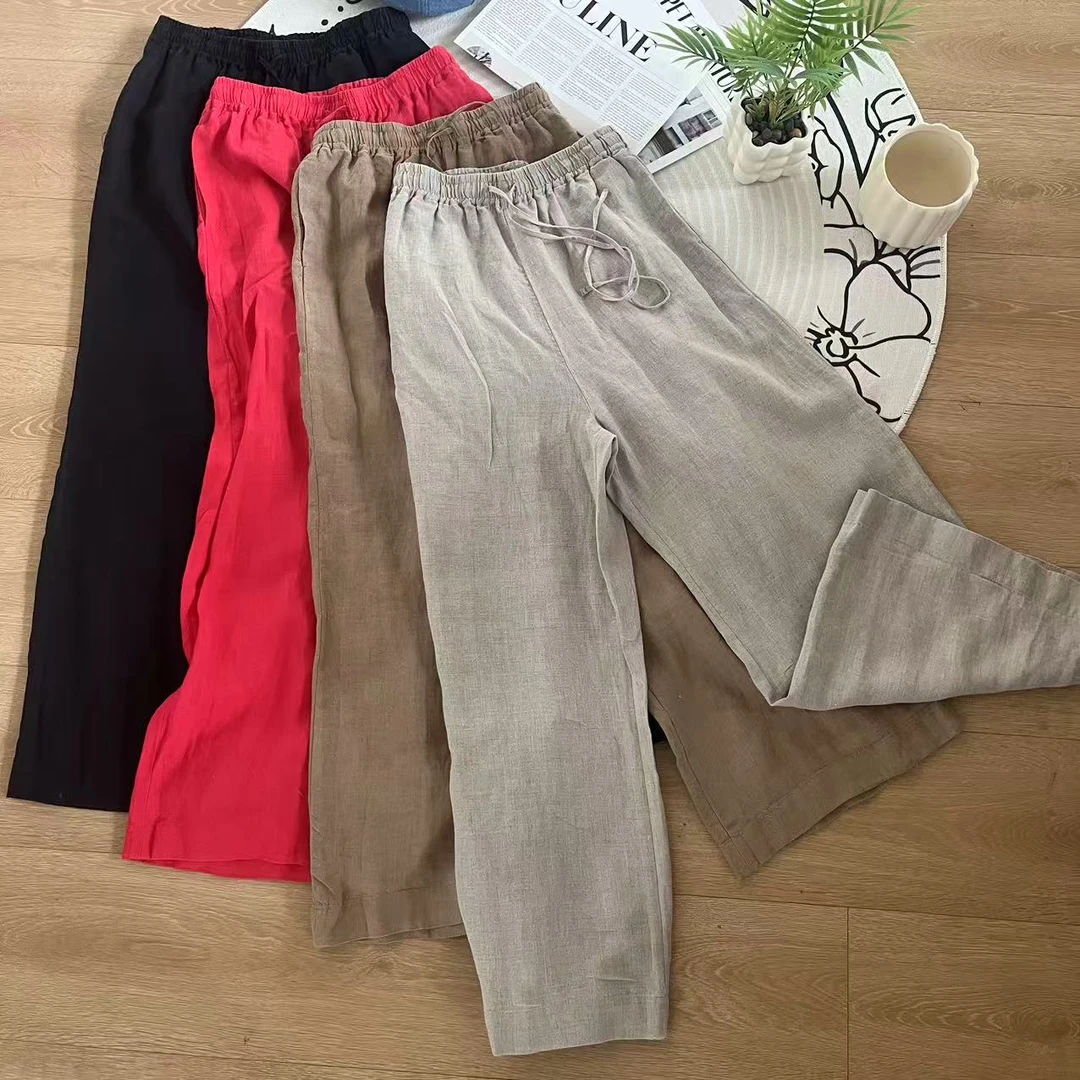 2025女春夏高腰松弛感麻宽松休闲直筒裤山本老钱风慵懒25051242