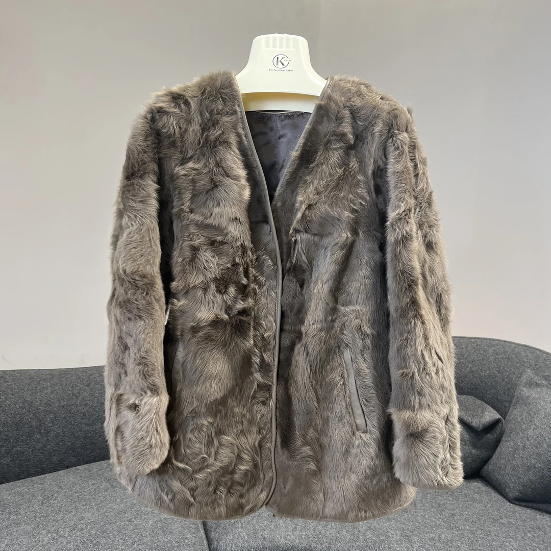 象羔毛V领皮毛一体皮草外套