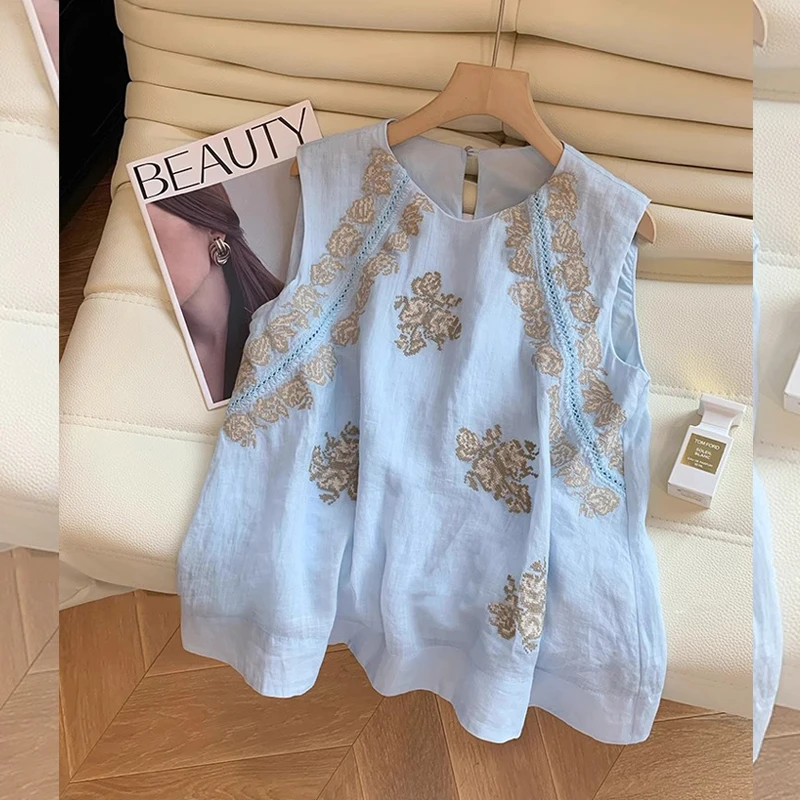 度假风刺绣无袖衬衫背心上衣女装夏季新款气质减龄大码宽松衬衣潮