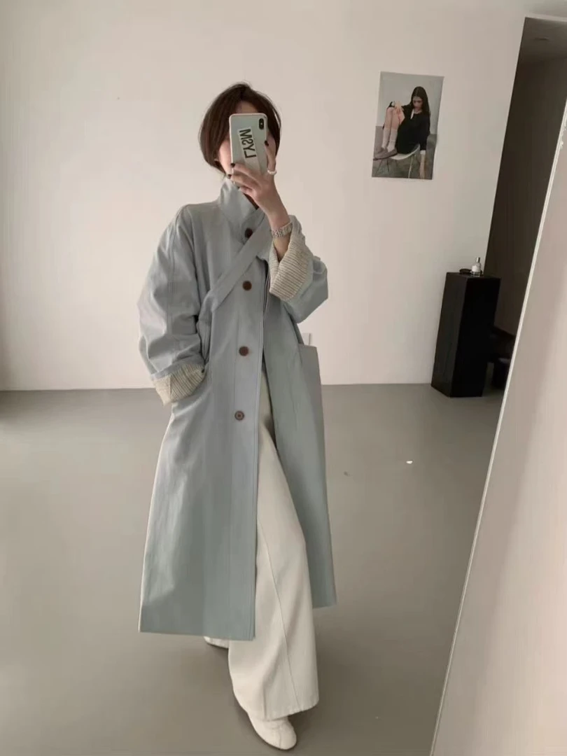 「送同色包包」大码立领单排扣条纹翻袖中长款风衣外套女