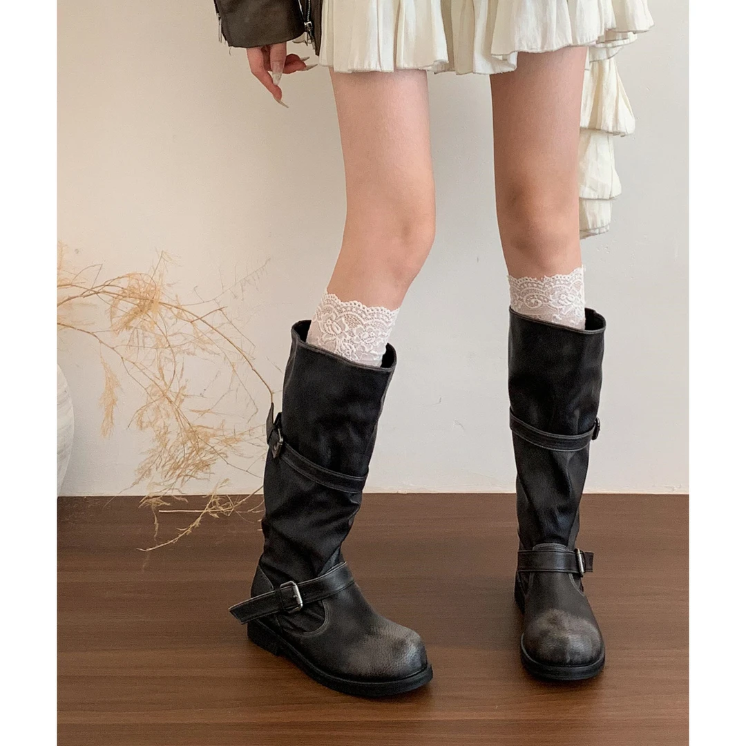 "炸街辣妹！"复古擦色做旧长筒机车靴女粗跟中筒靴工装不过膝长靴