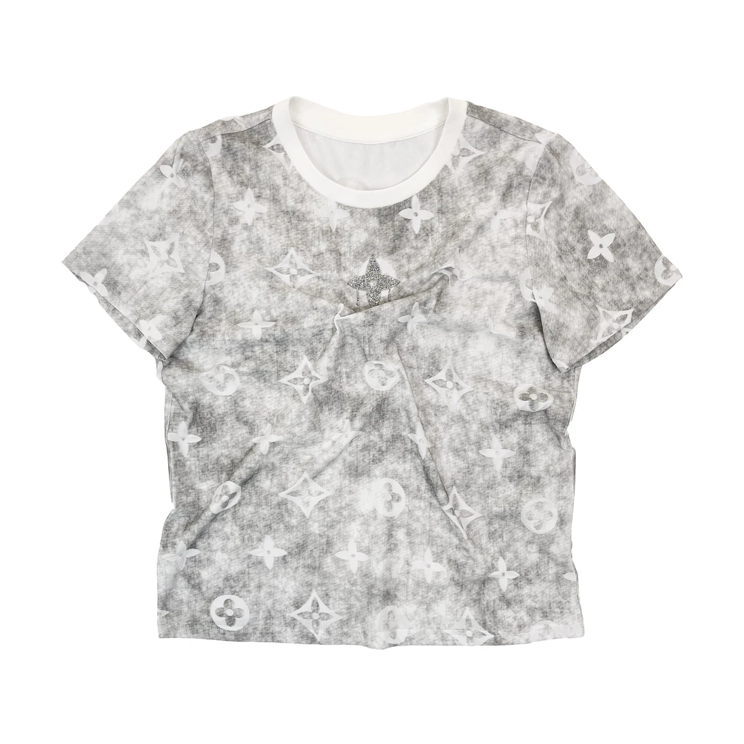 【衫姐自营店】25夏季扎染镂空烫钻圆领短袖T恤120059