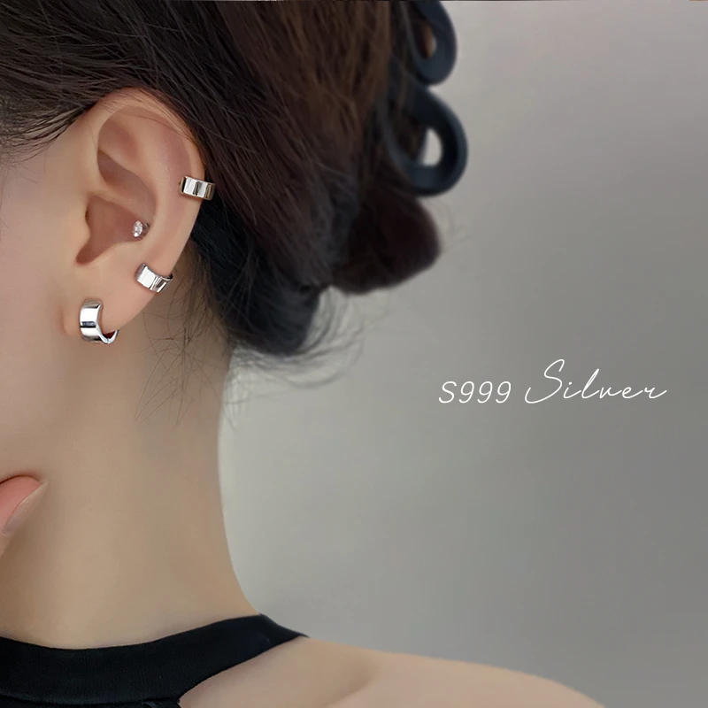 铜合金耳饰 999纯银耳针宽面耳圈素圈耳环耳骨环高级感新款耳饰