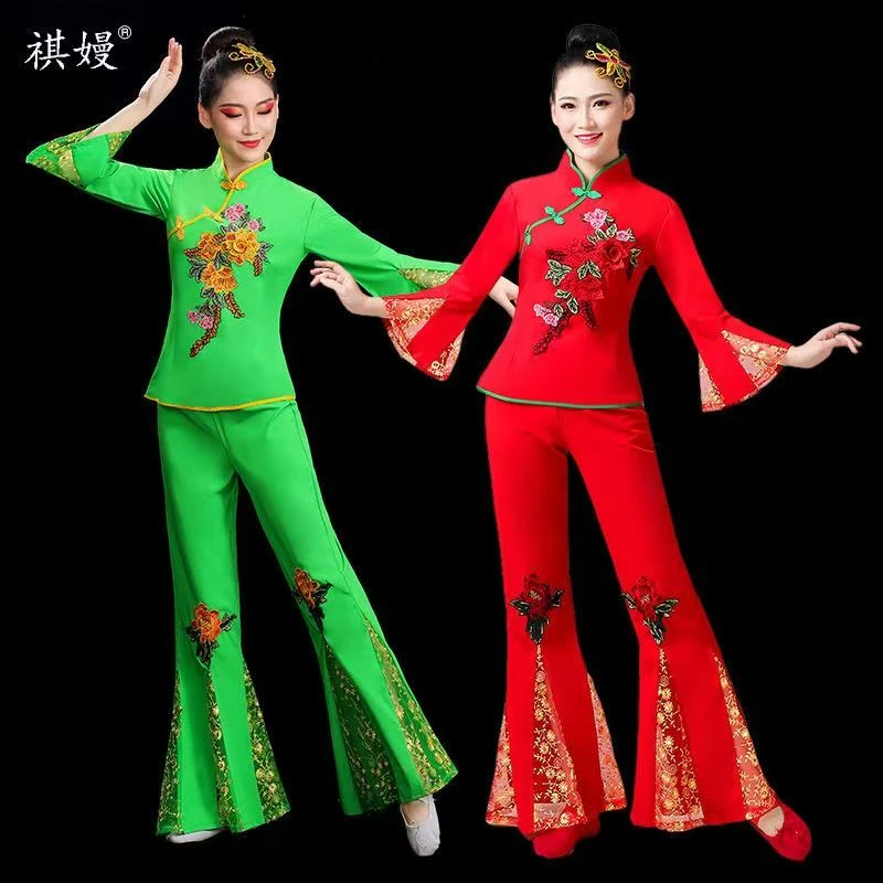中老年民族风大码喇叭袖喇叭裤显瘦流行秧歌服广场舞服扇子舞蕾丝