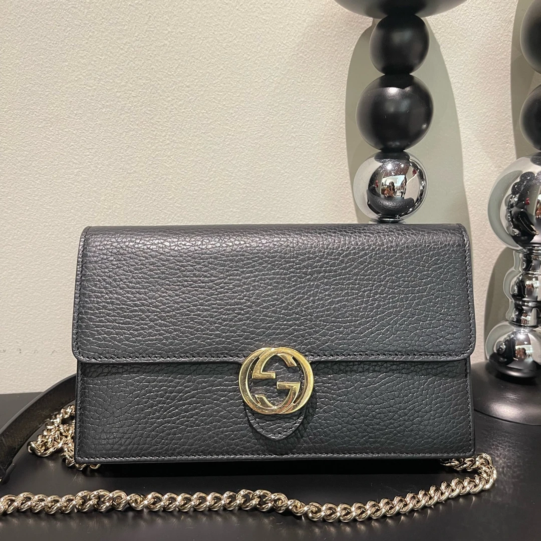 95新 GUCCI/古驰 双G黑金斜挎woc斜挎包