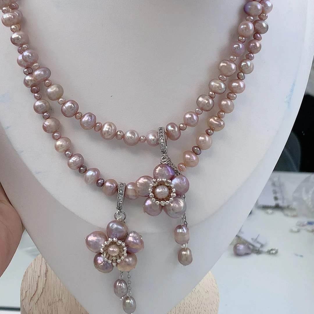 银S925镶嵌耳饰淡水珍珠紫花