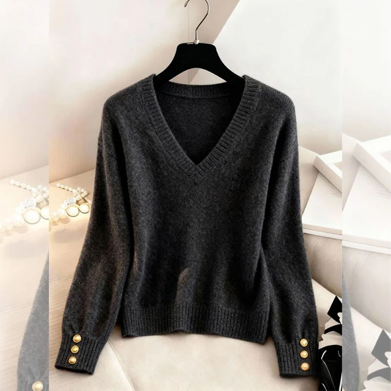 小香风纯色针织上衣女2025秋冬季新款韩版慵懒高级感套头V领毛衣