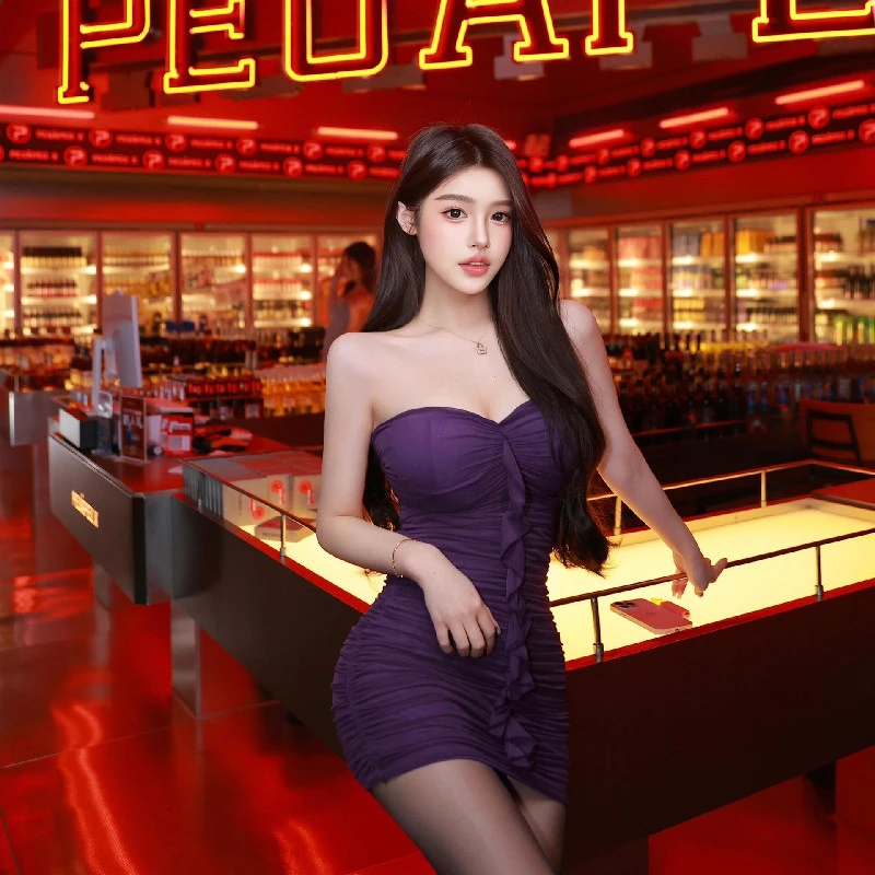 泰式独特漂亮掐腰裙女辣妹风露肩网纱褶皱荷叶边收腰抹胸包臀短裙