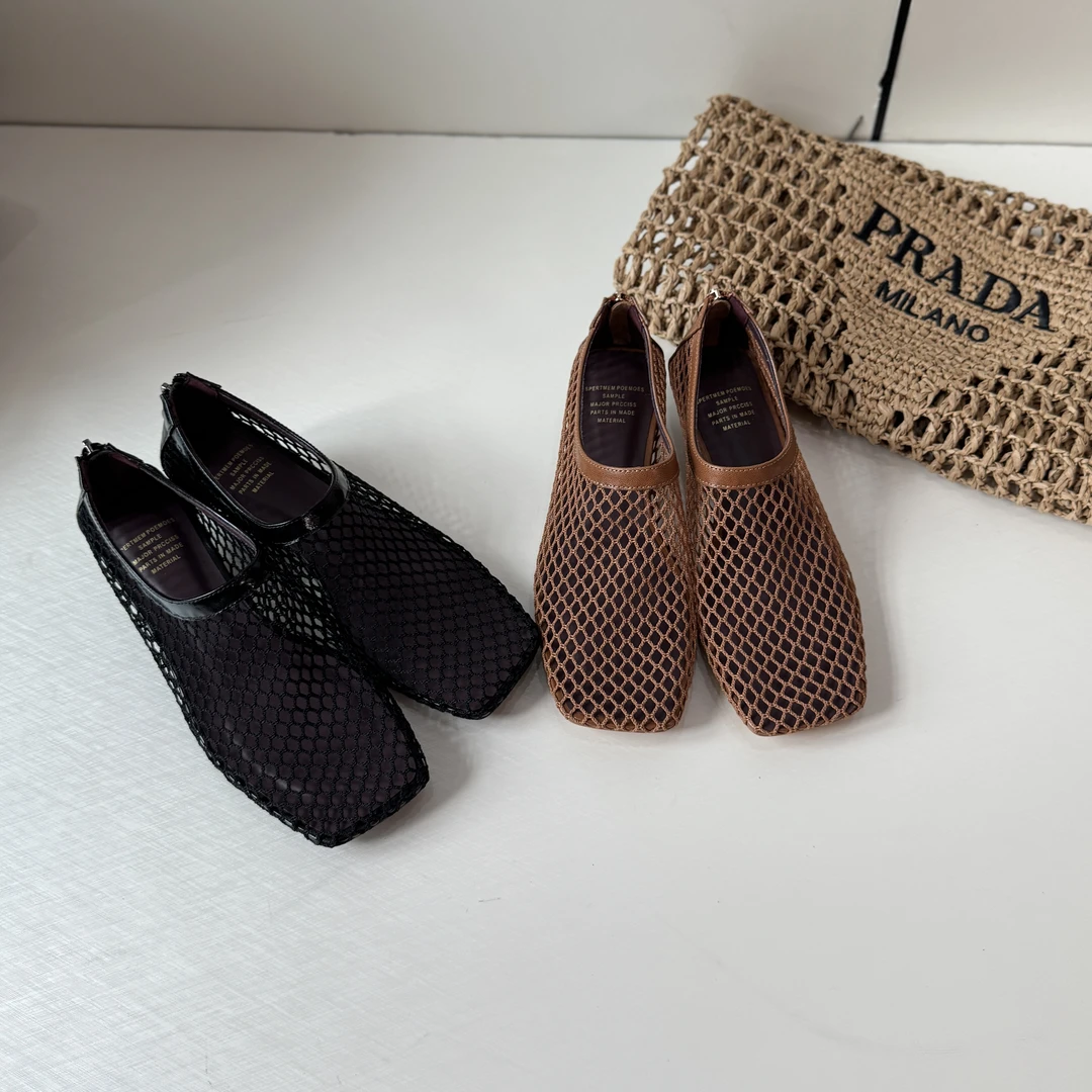 轻奢极简网纱透气低跟3cm方头舒适时尚夏季软底编织高跟平底单鞋