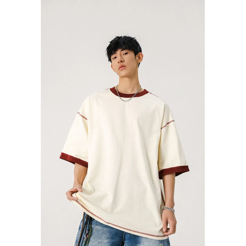 潮牌美式明线短袖T恤男生夏季新款宽松重磅oversize纯棉高级上衣t