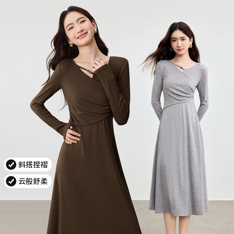 尚都比拉通勤国风串珠斜领交叉斜搭修身A字长袖连衣裙B2591