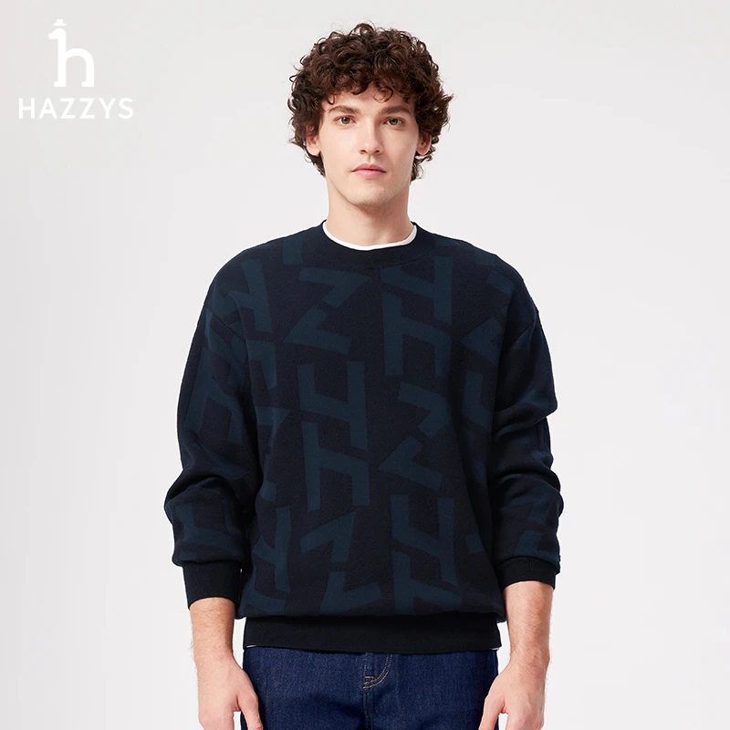 【商场同款】Hazzys哈吉斯印花毛衣春季针织衫保暖宽松休闲羊毛衫