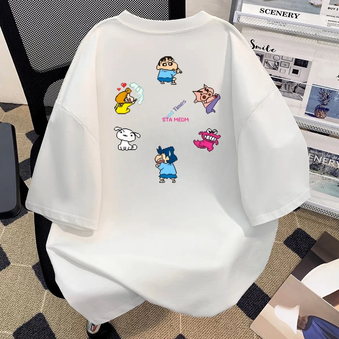 STAMEDM蜡笔小新卡通人物印花美式休闲宽松落肩圆领短袖T恤男女款