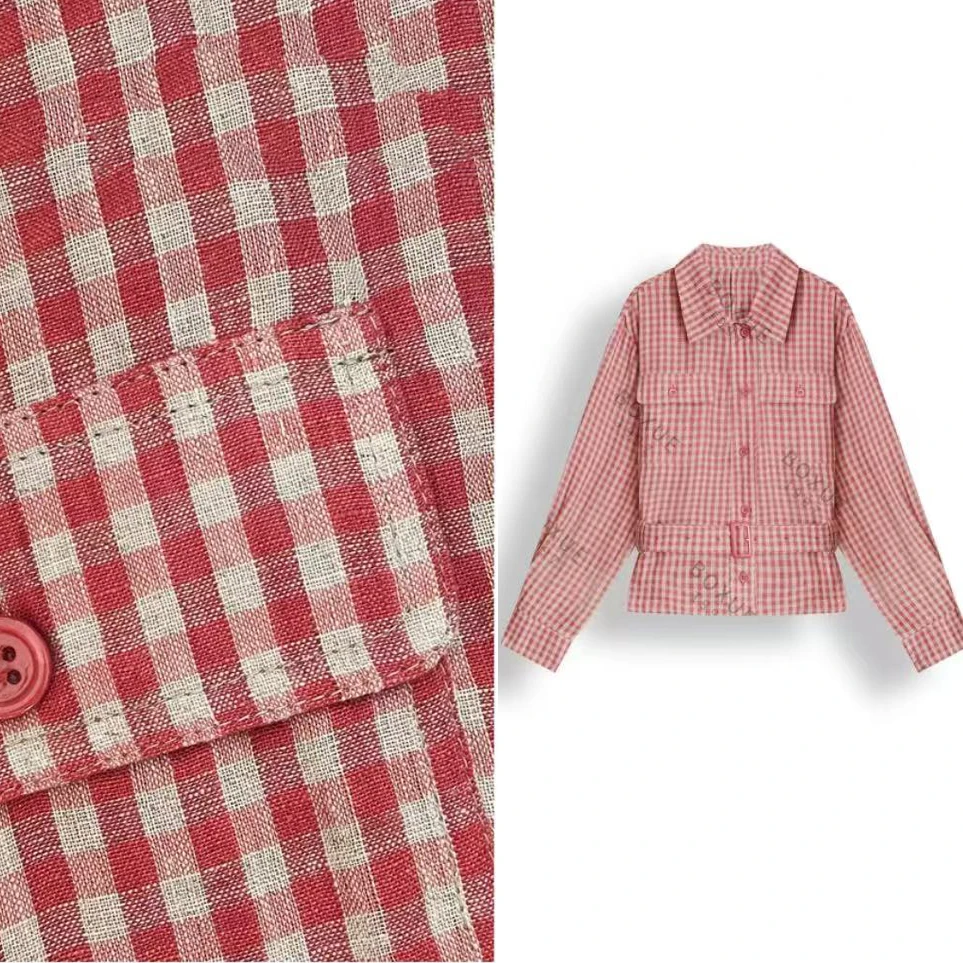 BOXU “灵砂红格” 2025春季新款纯亚麻轻奢衬衫休闲收腰红格上衣