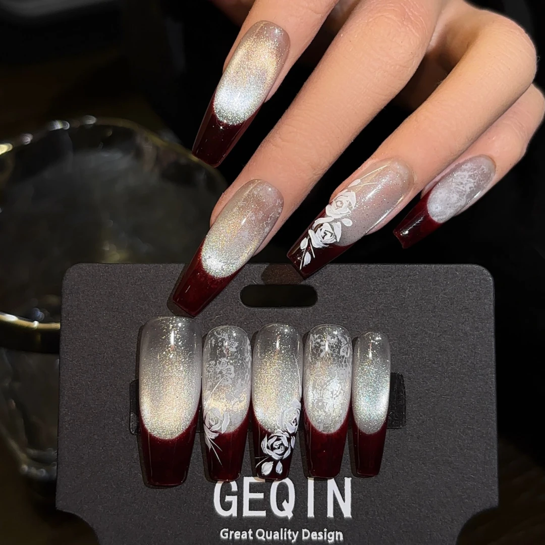 GEQIN【玫瑰札记】血浆红法式玻璃珠猫眼玫瑰蕾丝印花新年穿戴甲