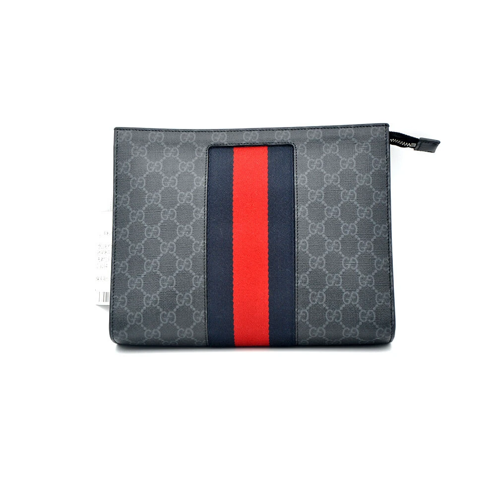 95新 GUCCI/古驰  98新黑老花条纹织带手拿包26*20/6789