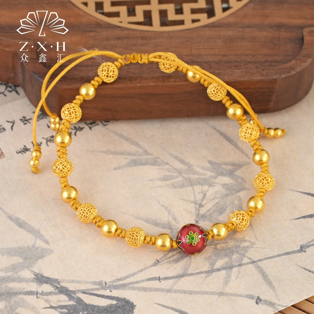 {众鑫汇}足金999  古法花丝转运珠编织调节手串