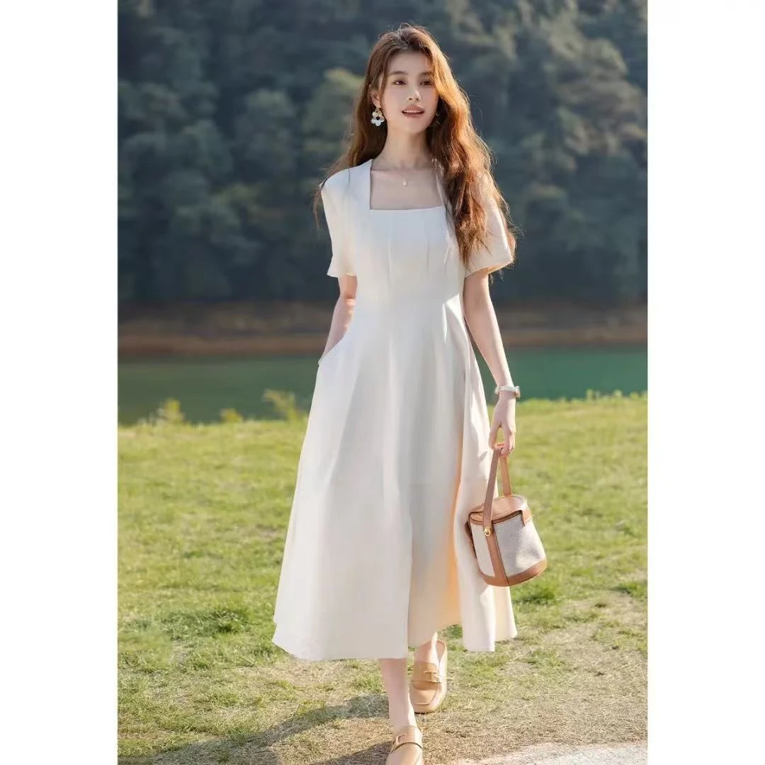 【齐小齐】夏季新款方领开叉连衣裙高端精致优雅轻礼服女【长款】8087