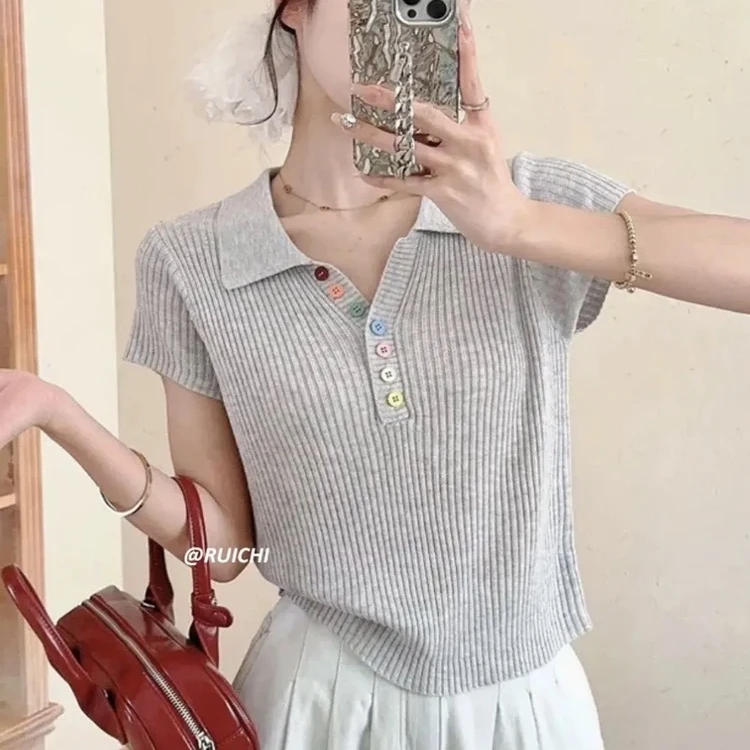 短袖女翻领短款夏季纯色毛针织衫女装针织衫小众显瘦撞色薄款