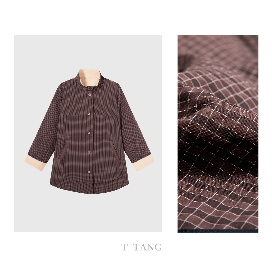 FL秋季新款盐缩记忆色织格时尚百搭年轻立领短棉外套【7273】TT