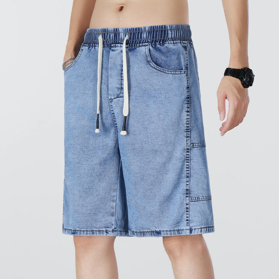 冰丝休闲牛仔短裤莱赛尔夏季薄款松紧腰阔腿五分裤子男士潮流中裤